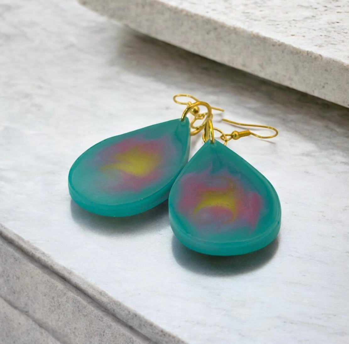 Teal Yellow Swirl Drop Oval