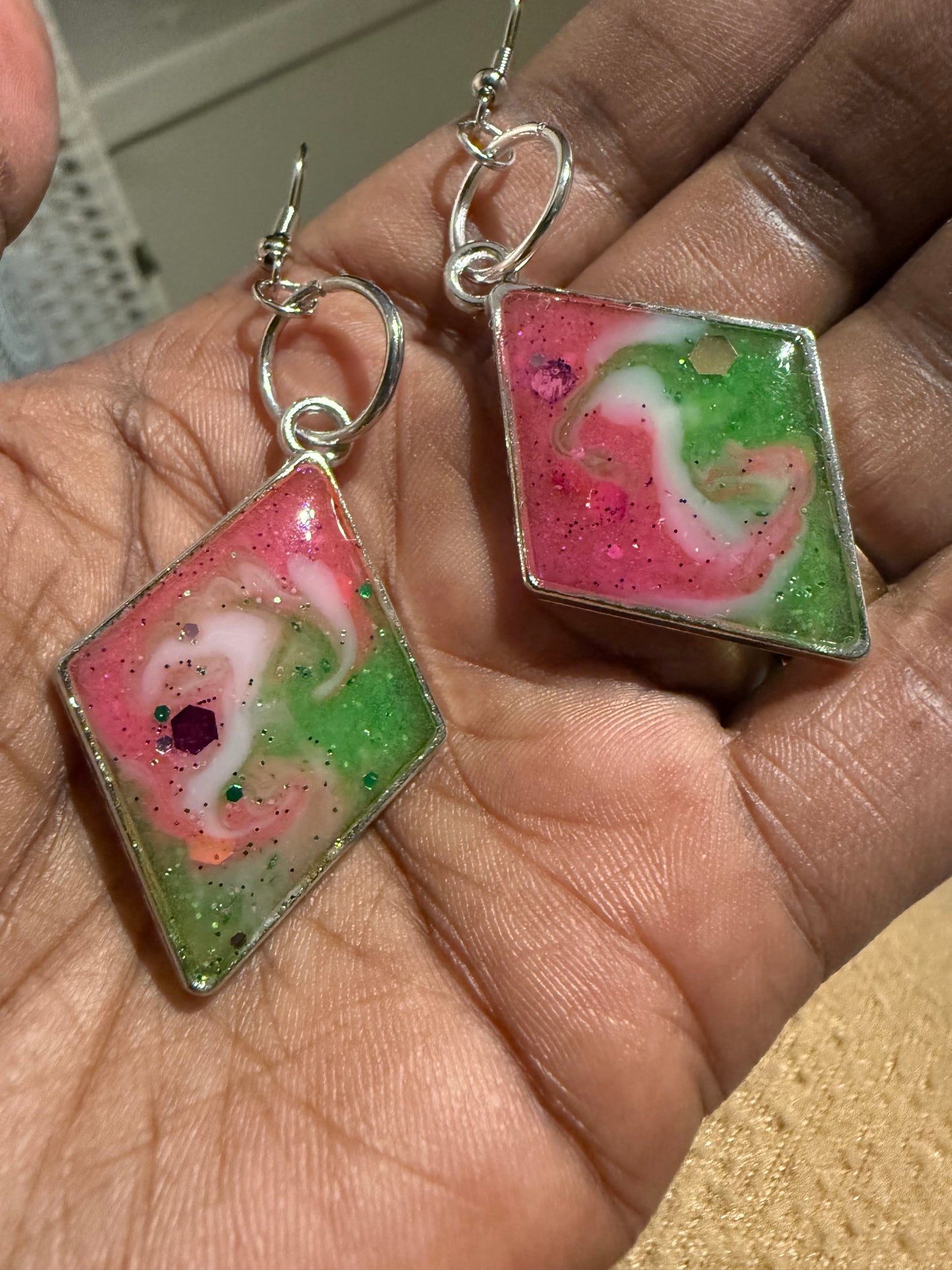 Pink Green Swirl Diamond Bezel