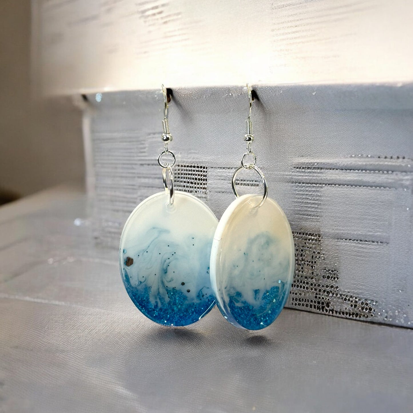 Blue Sparkle White Swirl Oval