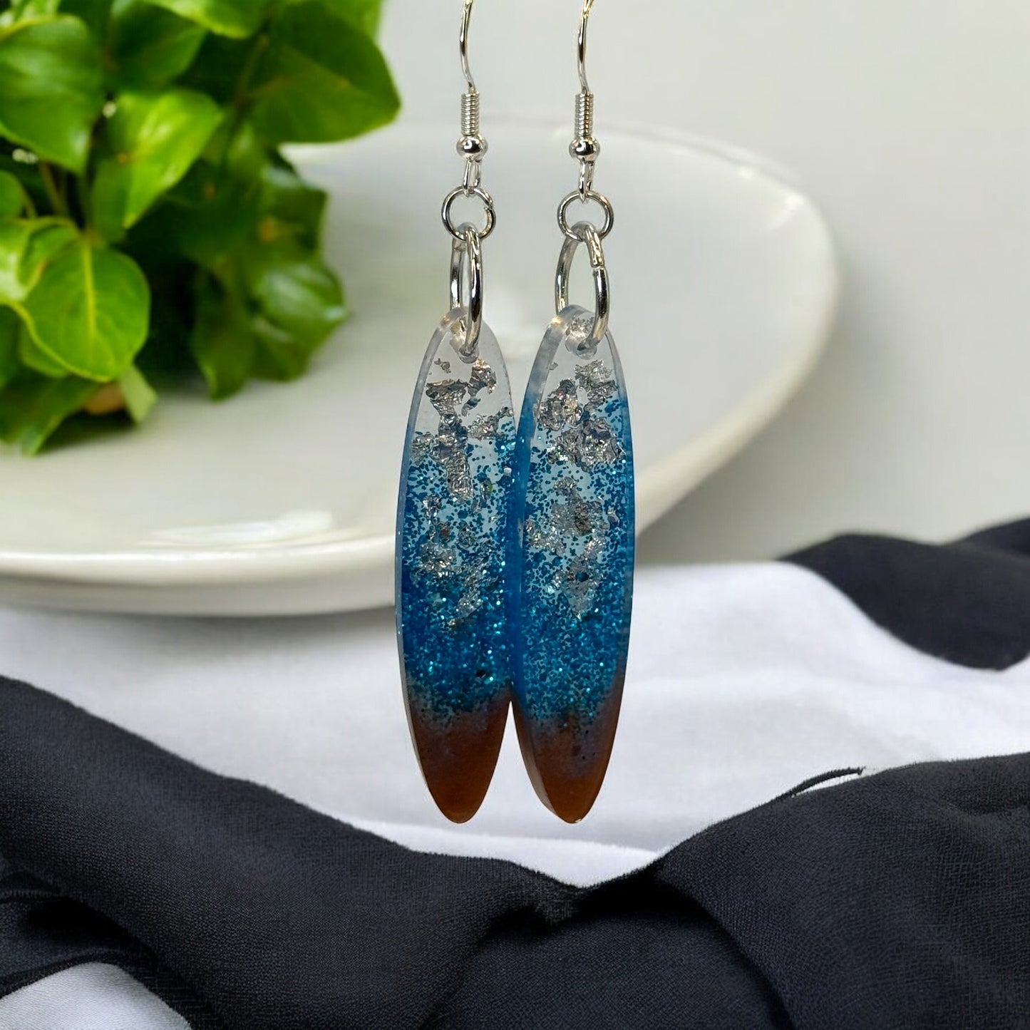 Blue Sparkle Brown Blend Silver Foil Oblong