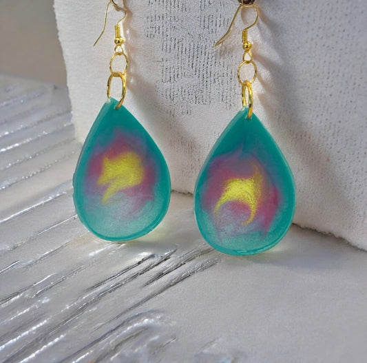 Teal Yellow Swirl Drop Oval