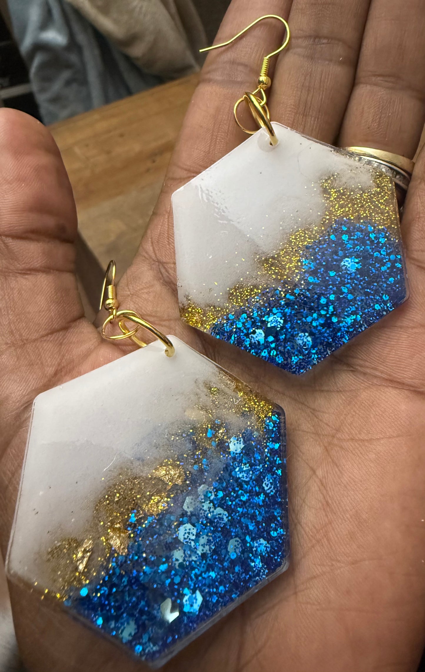 Blue Sparkle Gold Foil Hexagon